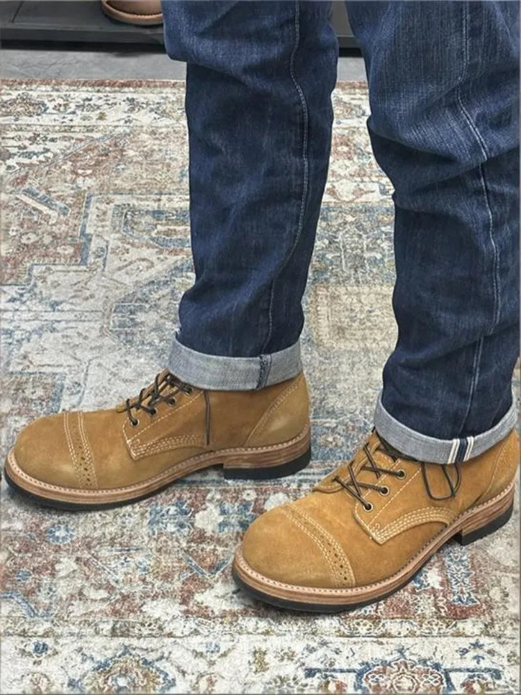 Handmade Solid Color Genuine Leather Hard-Wearing Lace-Up Ankle Boots Retro Male Cow Suede Round Toe Platform High Top Shoes