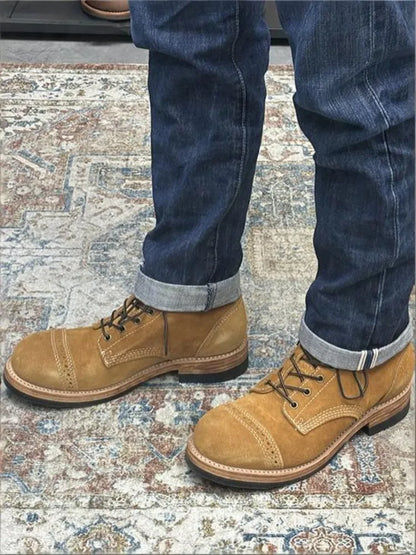Handmade Solid Color Genuine Leather Hard-Wearing Lace-Up Ankle Boots Retro Male Cow Suede Round Toe Platform High Top Shoes