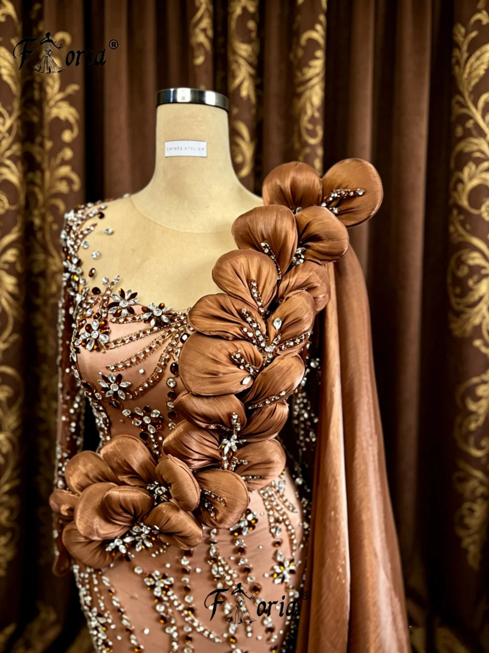 Floria Luxury 3D Floral Mermaid Evening Dress For Women Beaded Crystal Long Sleeve Formal Prom Gown Dubai Arabic Wedding Party
