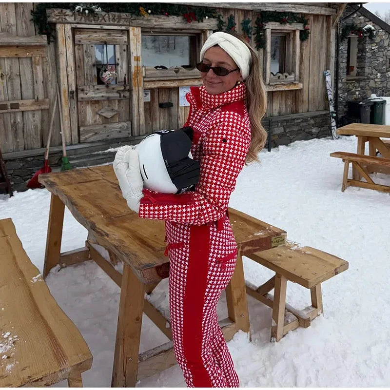 Thicken Print Cotton Jumpsuits Women High Neck Long Sleeves Zipper Belts Warm Ski Wears Female 2026 Winter New Chic Ski Jumpsuit