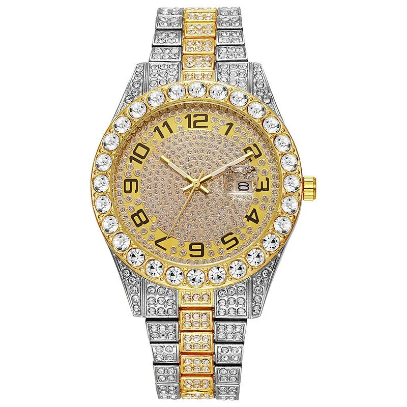 Hot Selling Full Diamond dial Iced Out alloy decoration Quartz Watch Men Luxury Hip Hop Men Watches Day Date Male classic Clock