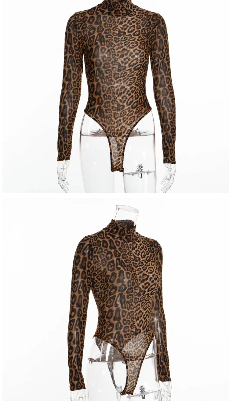 Slimming High Neck Long Sleeve Jumpsuit Fashionable Leopard Print for Women Autumn New Style plus Size  Suit