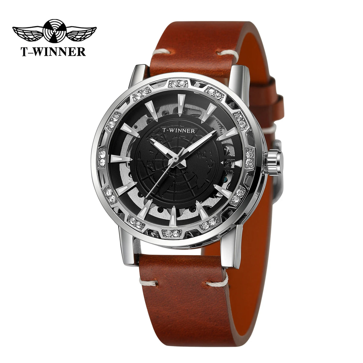 Winner Design World Map Transparent Skeleton Mechanical Watch for Men Fashion Diamond Luminous Luxury Leather Strap Unisex