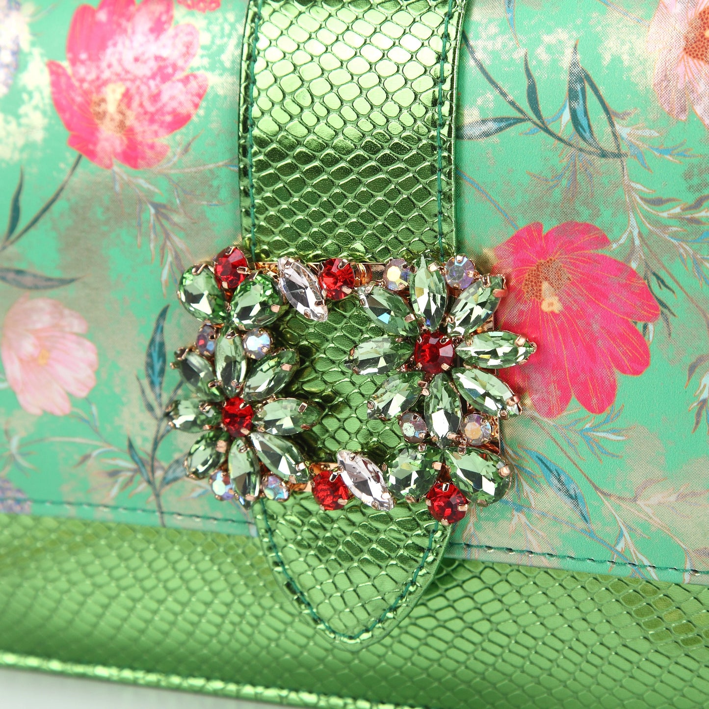 Newest Green Color Print Design High Heels Decorated with Water Rhinestone Party Women's Shoes and Bags Set
