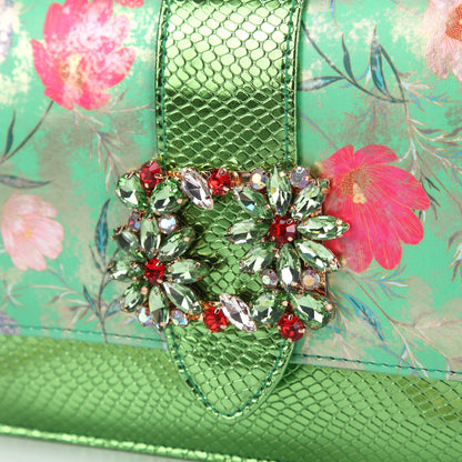 Newest Green Color Print Design High Heels Decorated with Water Rhinestone Party Women's Shoes and Bags Set