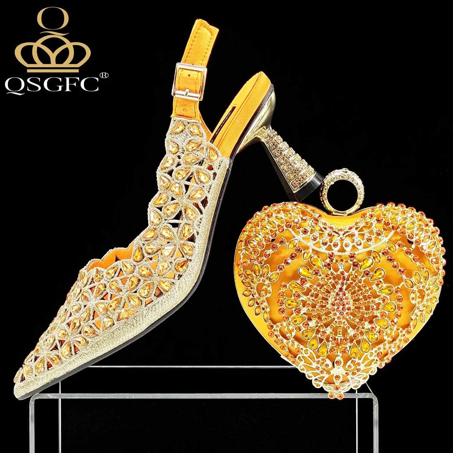 QSGFC Italian Design Rhinestone-encrusted Sex Ladies Shoes And Special Bag High Heels And Heart Shape Gold Mini Bag