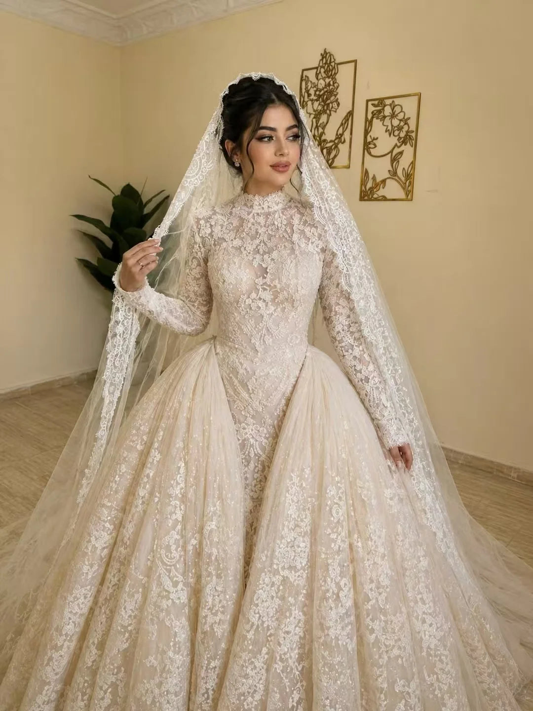 Luxury Muslim Wedding Dress Elegant Long Sleeve High Neck Lace Ball Gown Bridal Dress For Women Princess Amanda Novias Official