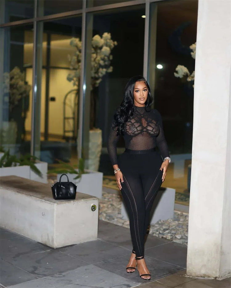 Doyerl Black Bodycon Rompers and Jumpsuits for Woman Long Sleeve See Through Mesh Patchwork Skinny One Piece Catsuit Overalls