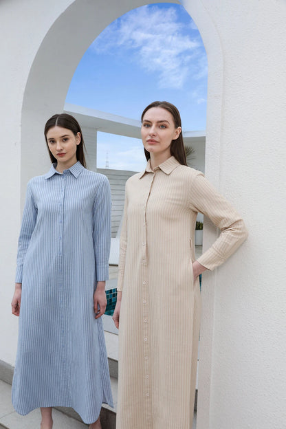 AP SS25 Women Stripe Blouse Maxi Dress with Removable Belt 100% Cotton