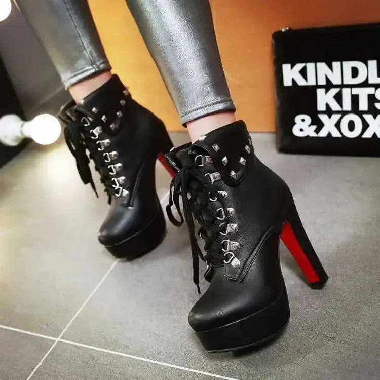 Autumn Waterproof Platform Chunky White High Heels for Women Solid Color Round Head Front Lace-up Low Leg Punk Rivet Ankle Boots