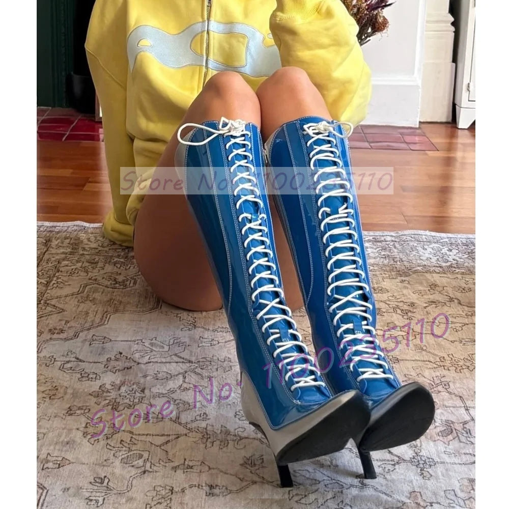 Blue Patent Leather Knee High Boots Women Stylish Pointy Toe Cross Tied High Heels Dress Shoes Ladies Hollow Out Cool Tall Boots