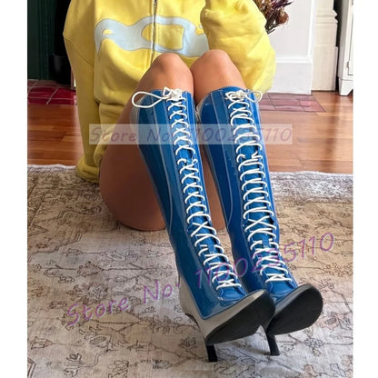 Blue Patent Leather Knee High Boots Women Stylish Pointy Toe Cross Tied High Heels Dress Shoes Ladies Hollow Out Cool Tall Boots