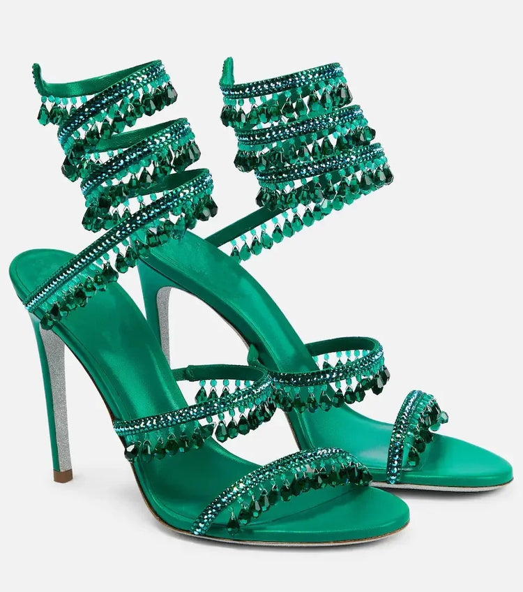 2026Women's New Water Diamond Sandals Fashion Tassel Crystal Shoes Sexy Banquet Party Twin Stiletto Women's Large Sandals