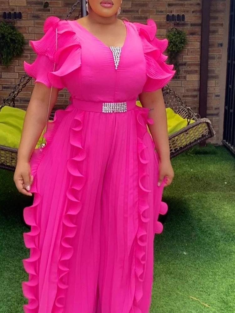Elegant Women Wide Leg Pleated Jumpsuits V Neck Short Sleeve Ruffle Diamond Waist Belt Fashion African Female Evening Party Wear