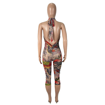 Sheer Mesh Print Transparent Sexy Bodycon Backless Jumpsuit Women Sleeveless Summer Rompers Jumpsuits for Women Playsuit