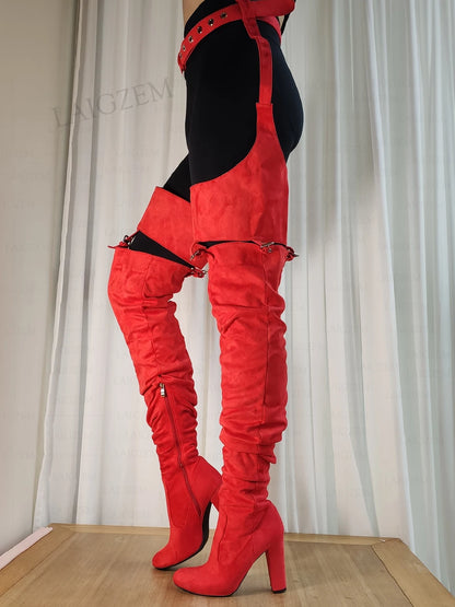 LAIGZEM Women Thigh High Chap Boots Round Toe Side Zip Faux Suede Waist Belted Thick Heels Boots Shoes Woman Big Size 39 45 52