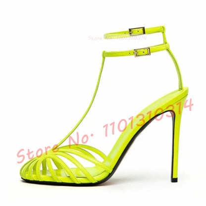 T-strap Cage High Heels Sandals Women Design Feminine Elegant Ankle Strap Shoes 2023 Ladies Luxury Narrow Band Sexy Work Sandals