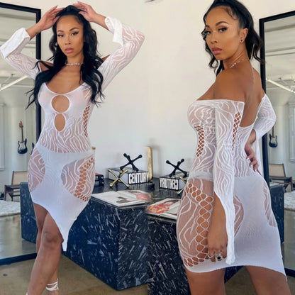 High Elasticity White Color Short Skirt New Fashion Women's Bodycon Dress Erotic Fishing Net Tight Lingerie One-Piece Nightwear