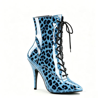 Glossy Leather Pointy Short Boots Woman 2026 New Red Leopard Print Large Size Shoes 12CM Thin Heels Boots For Party & Night Club