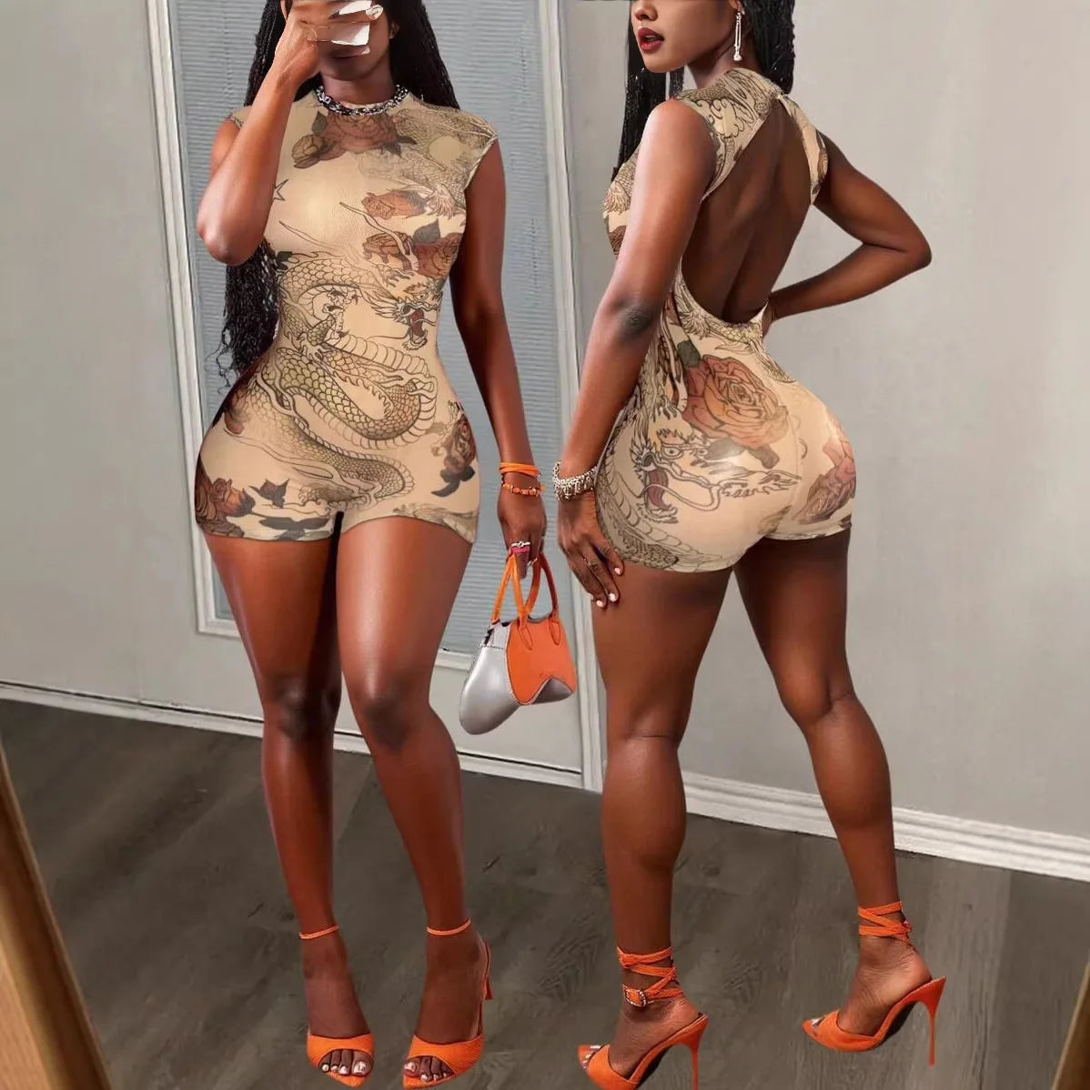 STYLISH LADY Sexy Dragon Rose Tattoo Print Mesh Romper 2026 Summer Women Backless Slim Fit Clubwear One Piece Shorts Jumpsuits