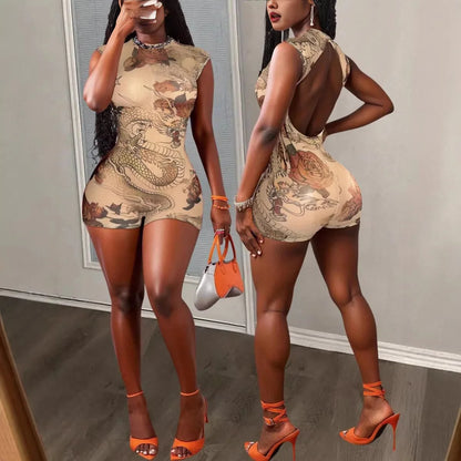 STYLISH LADY Sexy Dragon Rose Tattoo Print Mesh Romper 2026 Summer Women Backless Slim Fit Clubwear One Piece Shorts Jumpsuits