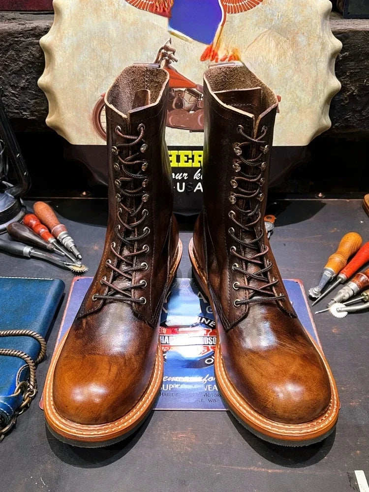 Men's Retro Brown Big Head Work Leather Riding Men's Boots High Top Long Barrel Motorcycle Leather Men's Shoes