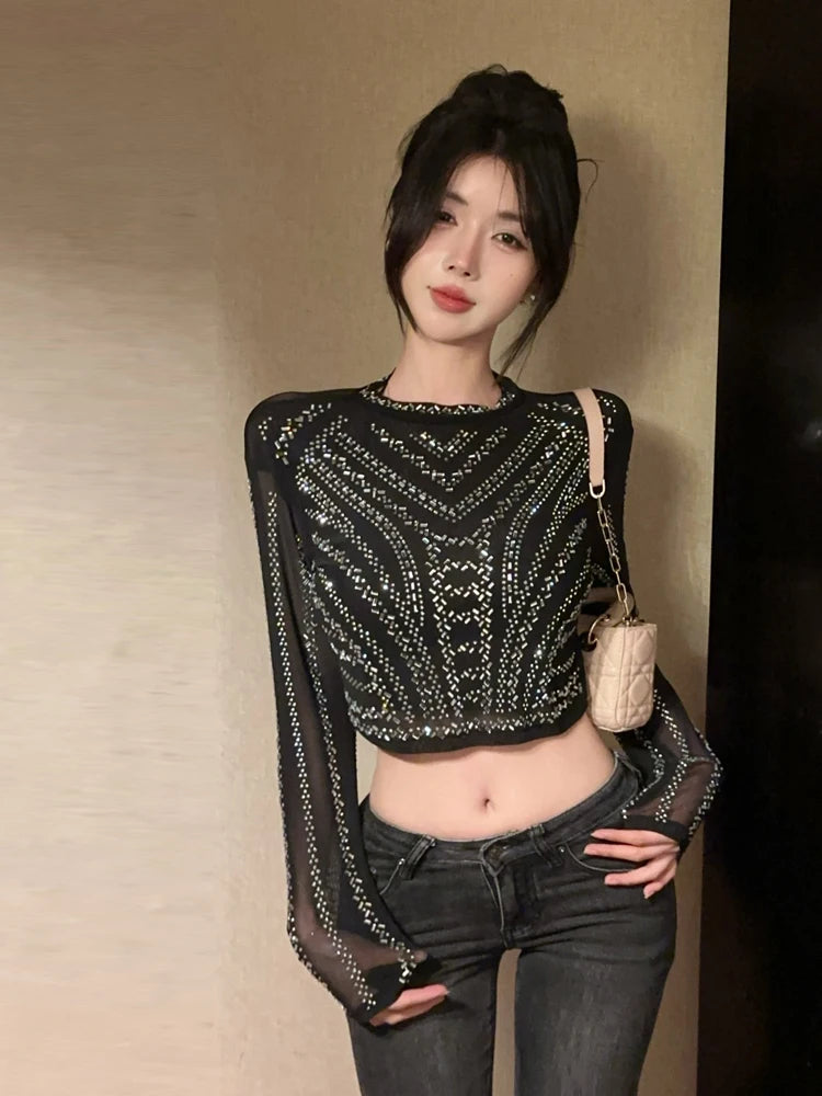 Heavy Duty Rhinestone Short Crop Mesh Long Sleeve T-Shirt round Neck Overhead Slimming Top for Young Women Daily Wear