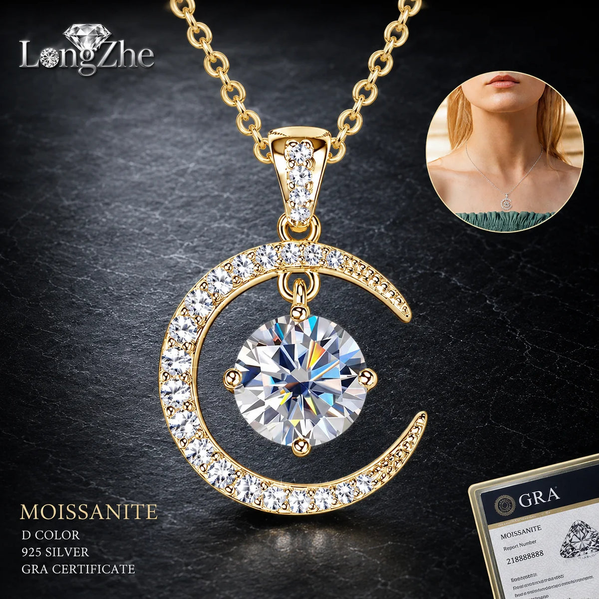 S925 Sterling Silver Moissanite Crescent Moon Necklace Dancing Stone Pendant Gold Silver Tone Fine Jewelry Gift for Women
