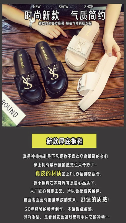 2025 Summer New Women's Fashion Letter Designer Sandals Casual Thick Bottom Round Toe Leather Beach Shoes Женские Сандалии