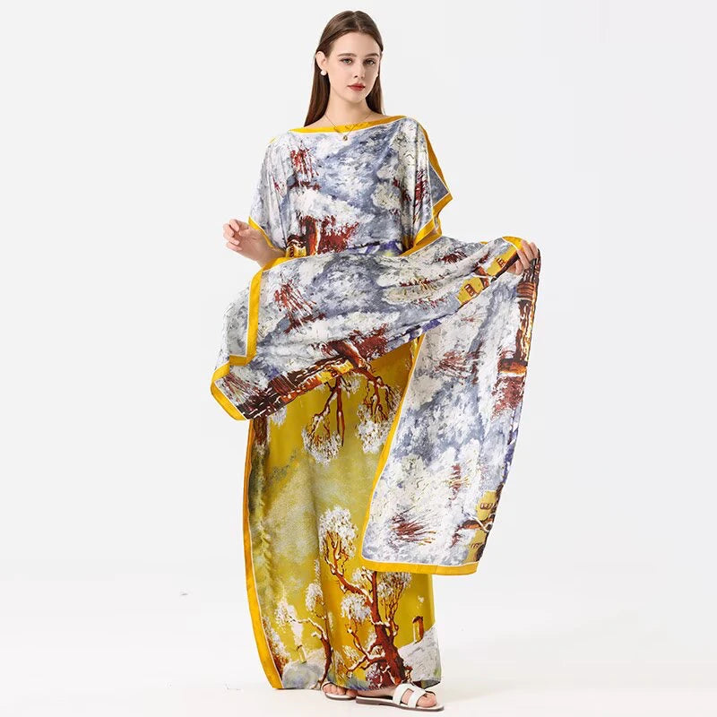 1 piece, colorful floral satin long dress, women's loose long dress, with the same color headscarf, fashionable beach robe