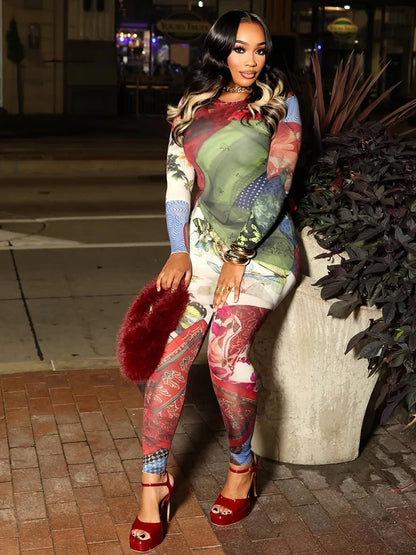 Sisterlinda Hip Jumpsuits Woman Hot Girls Colorful Print Autumn Trend o-Neck Full Sleeve Skinny Street Sexy Fashion Overalls