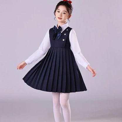 Girls Preppy Style Pleated Jumper Dress Headdress + Bow Tie Pants Suit Children Choir Poetry Performance Fashion School Uniform