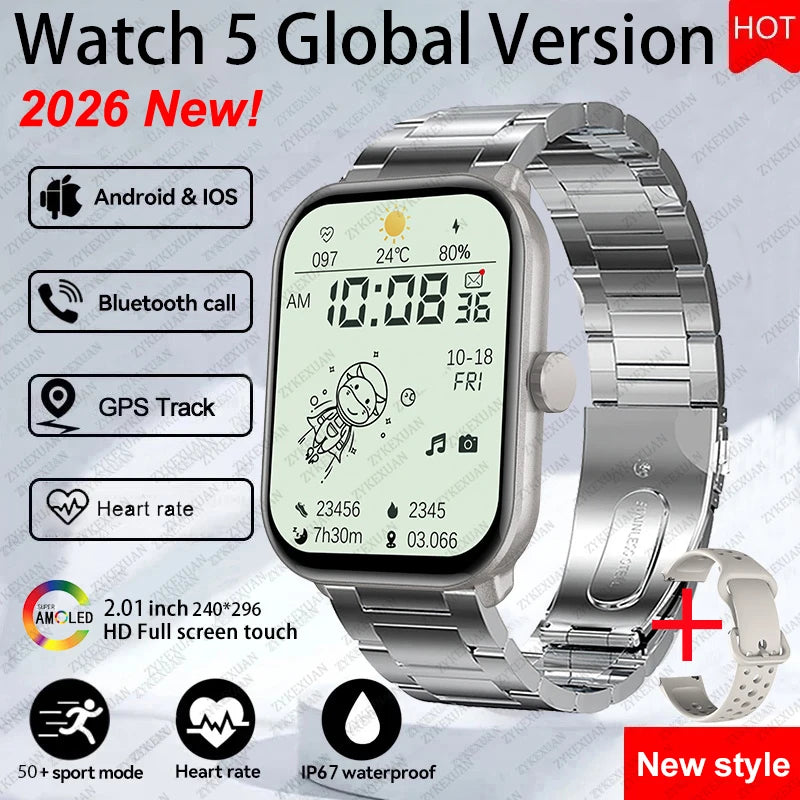 New Watch 5 Sports Smart Watch Men Women 2.01" AMOLED Screen Fitness Tracker Heart Rate ECG Waterproof GPS Track Call Smartwatch