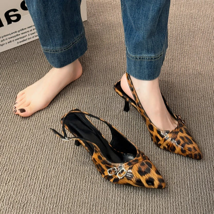 Women's Sandals Leopard Sexy High Heels Shoes Pointed Toe Luxury Pumps Slippers Woman Brand Dress Buckle Ladies De Flip Flops
