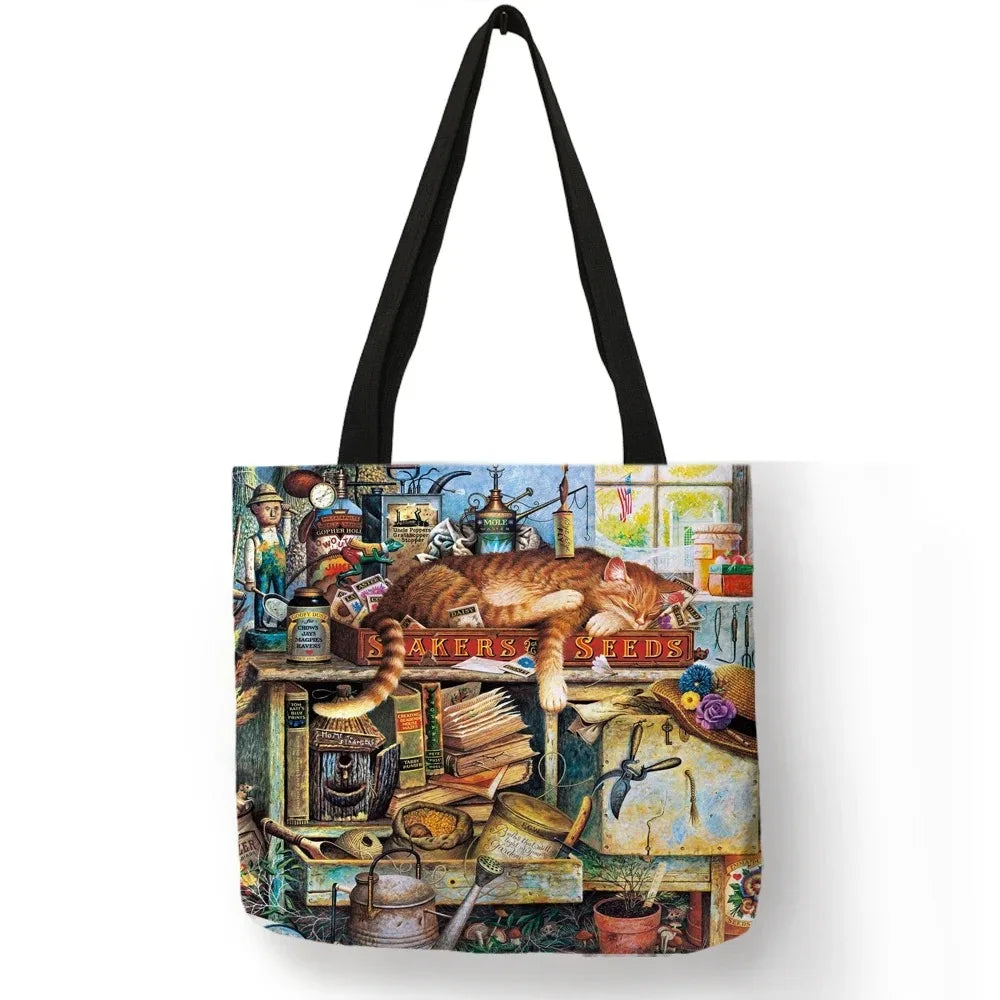 Oil Painting Cat Print Womens Designer Tote Bags Linen Reusable Shopping Bag For Groceries Shoulder Bags for Lady