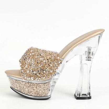 Women Slippers 14CM Luxury Party Shoes Designer Transparent Platform Summer High Heels 2024 New Glitter Sequined Stage Sandals