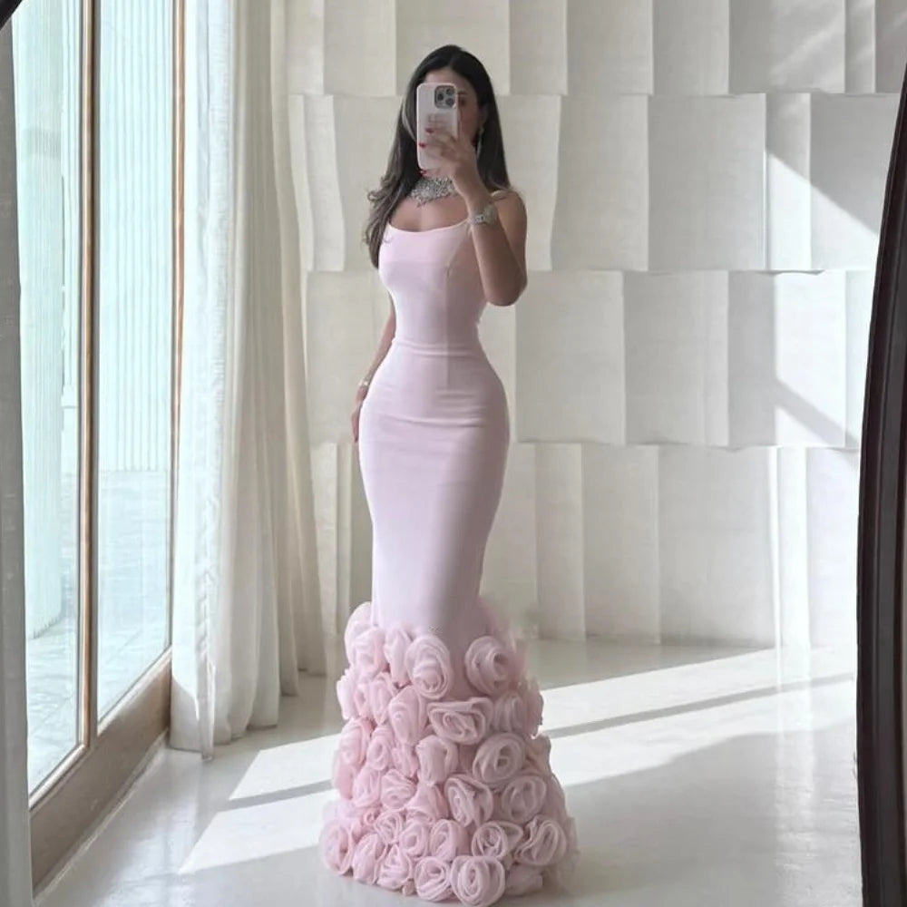 Customized Exquisite Intricate Jersey Handmade Flower Pleat Mermaid Spaghetti strap Long Dresses Bespoke Occasion Dresses Sexy