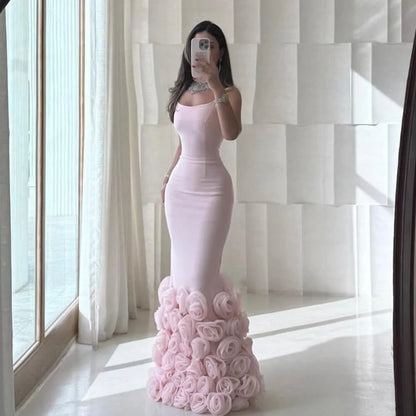 Customized Exquisite Intricate Jersey Handmade Flower Pleat Mermaid Spaghetti strap Long Dresses Bespoke Occasion Dresses Sexy