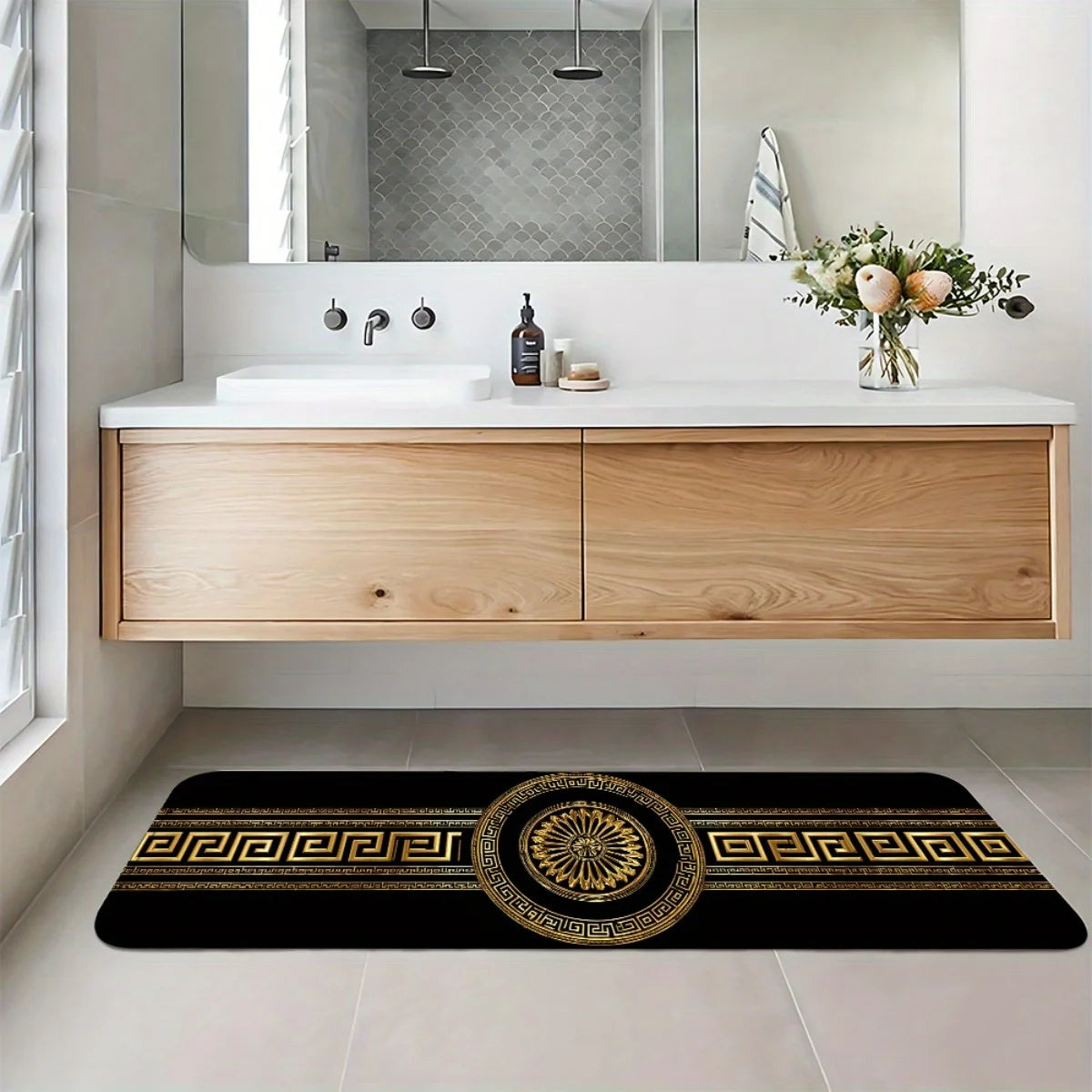 Luxury Black Gold Greek Key Print Runner Rug, Non-Slip Washable Durable Mat for Kitchen, Laundry Room, Entryway & Elegant Home