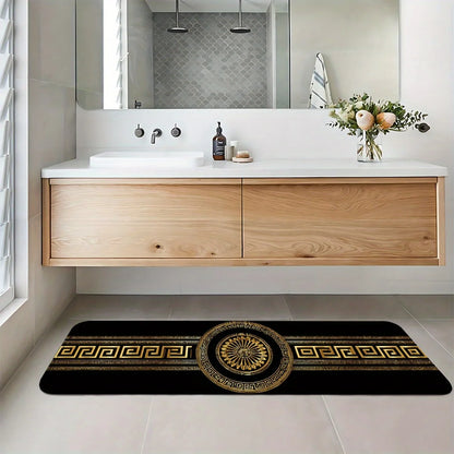 Luxury Black Gold Greek Key Print Runner Rug, Non-Slip Washable Durable Mat for Kitchen, Laundry Room, Entryway & Elegant Home