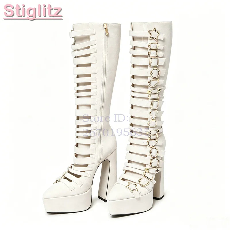 Blue Velvet Irregular Buckle Knee-high Boots Pointed  Toe Side Zipper Chunky High Heels Boots 2026 Summer New Women Punk Shoes