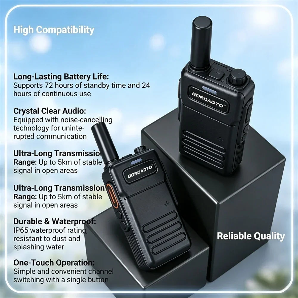 2Pcs Mini Walkie Talkie Set 16 Channels UHF 400-470MHz Baofeng Style Two-Way Radio Long Range Rechargeable Portable Communicatio