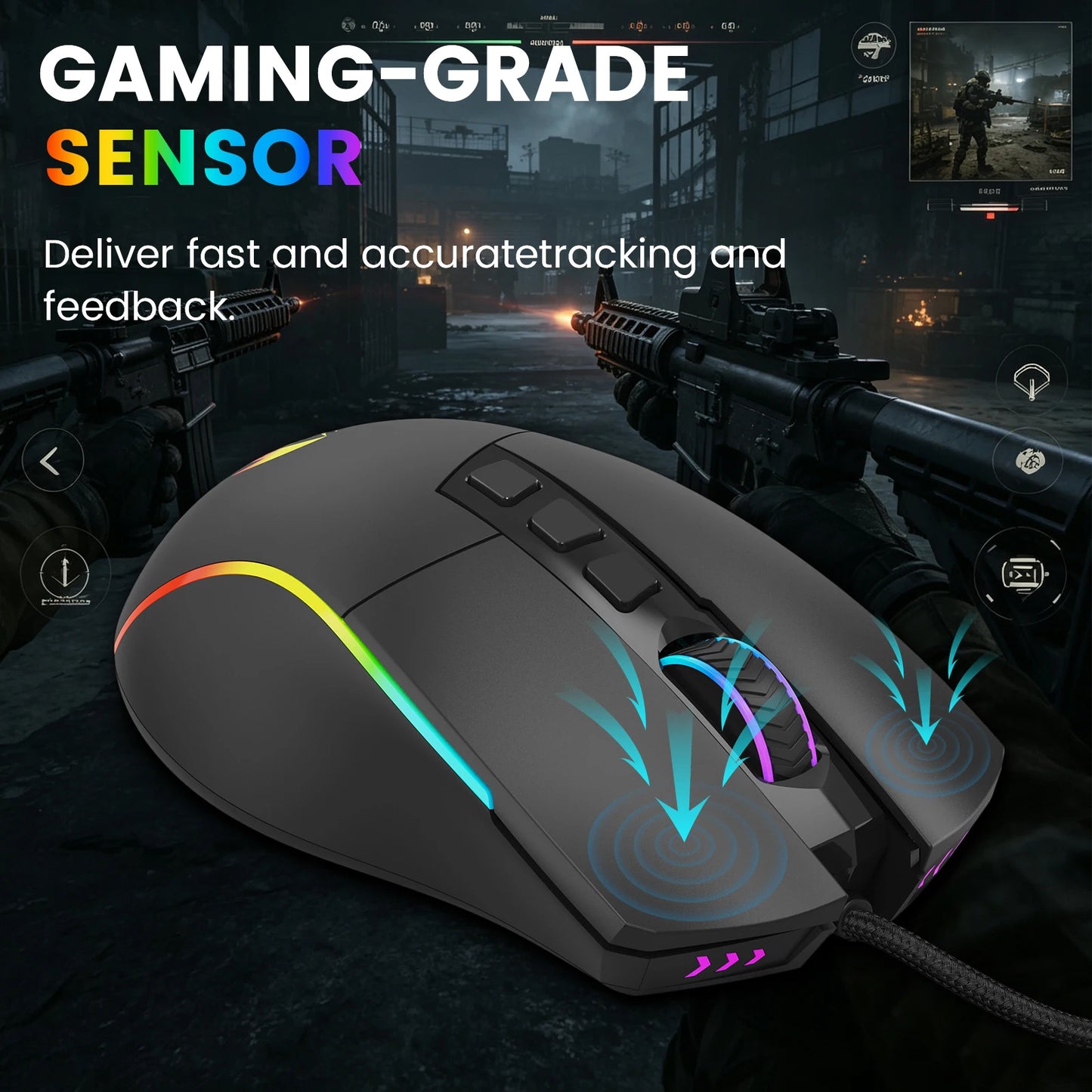 FocusOnPC X11 RGB Gaming Mouse, Wired Connection, 8000 DPI, 9 Programmable Buttons, Ergonomic Computer Gaming Mice for PC Gamers
