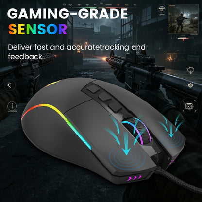 FocusOnPC X11 RGB Gaming Mouse, Wired Connection, 8000 DPI, 9 Programmable Buttons, Ergonomic Computer Gaming Mice for PC Gamers