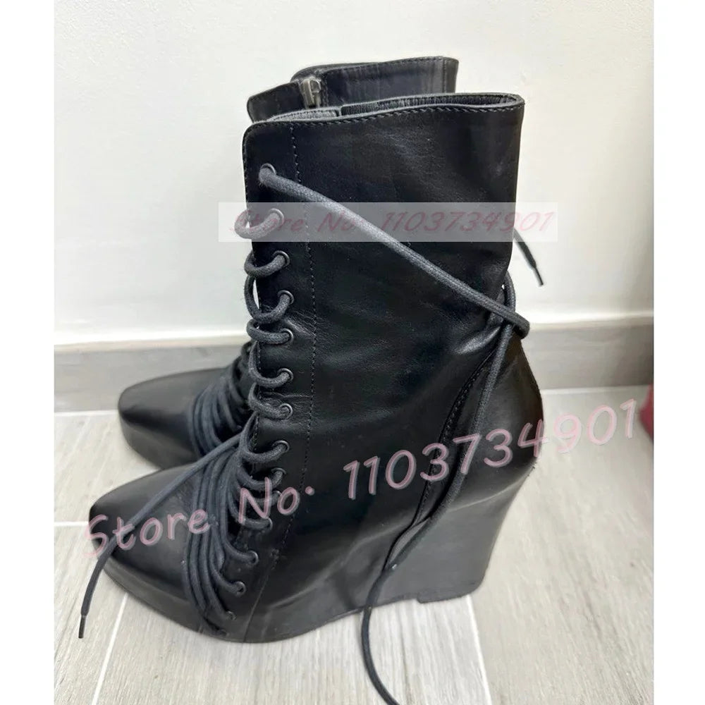 Patchwork Wedge Platform Ankle Boots Women Fashion Round Toe Front Lace Up Shoes Ladies Punk Chic Zipper Suede Cross Tied Boots