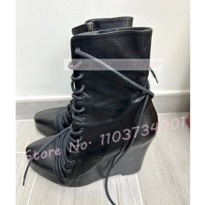 Patchwork Wedge Platform Ankle Boots Women Fashion Round Toe Front Lace Up Shoes Ladies Punk Chic Zipper Suede Cross Tied Boots