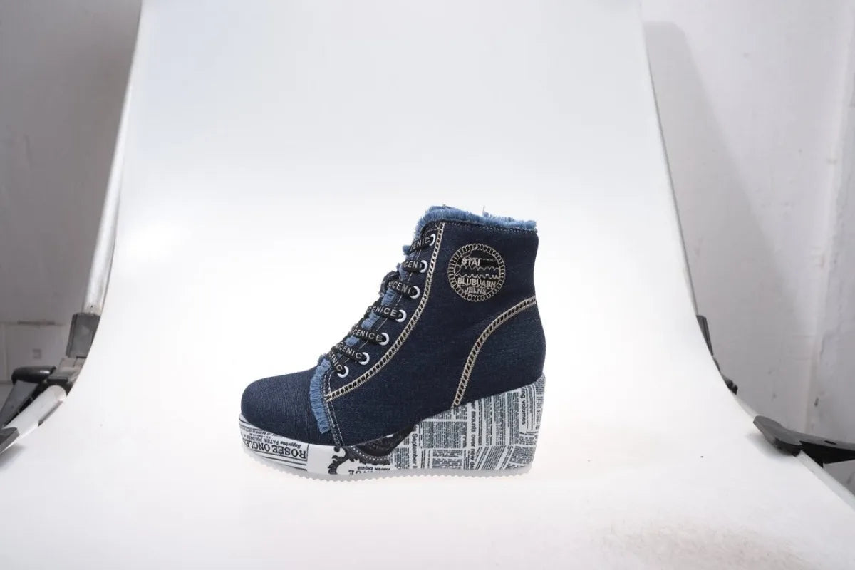 Women's Wedge Sneakers High Top Round Toe Denim-Look Lace-Up Side Zipper Letter Print Detail Casual Platform Ankle Boots 2026