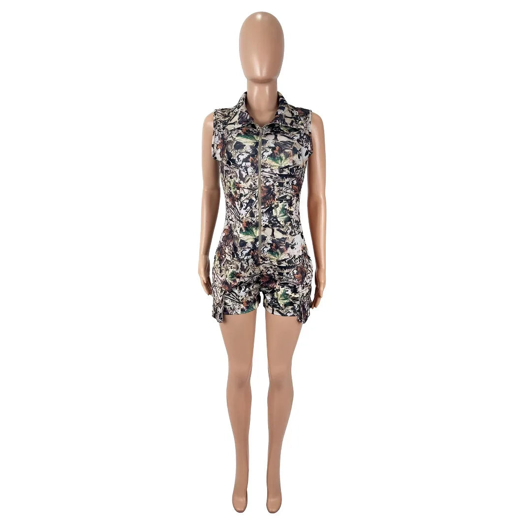 D9756 European and American Women's Fashion sexy Deep V-Neck Camouflage Printed Shorts Short Sleeved Jumpsuit