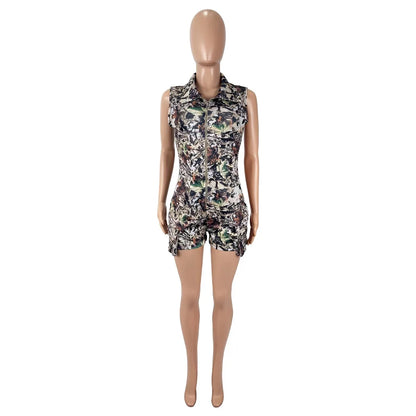 D9756 European and American Women's Fashion sexy Deep V-Neck Camouflage Printed Shorts Short Sleeved Jumpsuit
