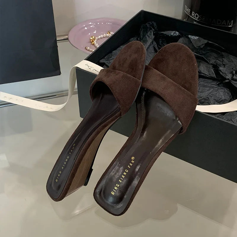 Flock Fashion Round Toe Women Wedges Slippers Sandals Shoes Luxury Female Slides Footwear Sexy Ladies Heeled Slippers Shoes